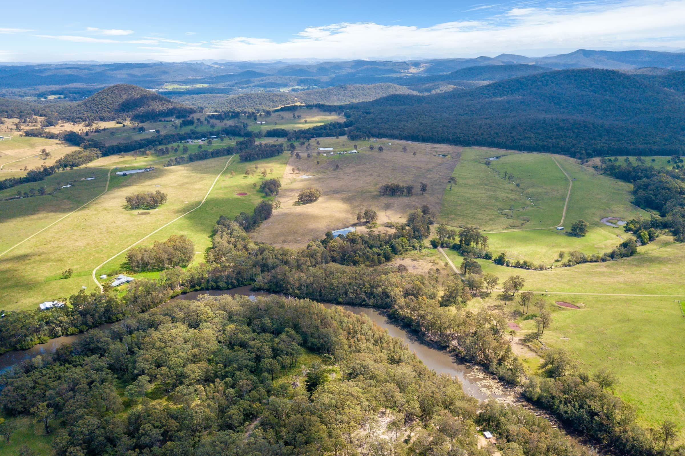 Aerial view of the river valley at Carinya Parc